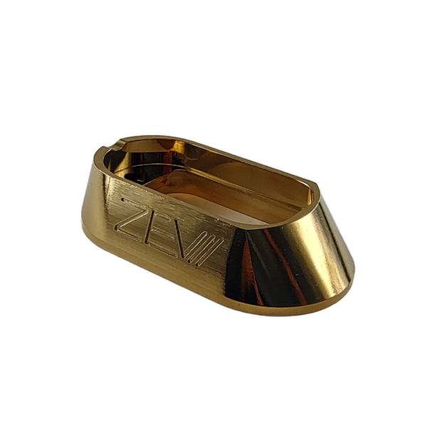 EMBUDO GRANDE ALUMINIO GLOCK LETRAS ZEV LISO ORO Embudo aluminio copa grande diseño ramas labrado con letras ZEV para Glock 17, 19, 34, 45, 22, 23, 24, 35 (9mm, .40 o .357 Sig) (Gen 3, 4 o 5)
