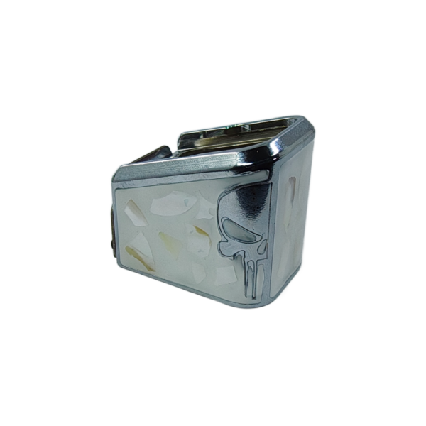 PLUS 5 GLOCK PUNISHE CROMO RESINA BLANCA CRISTAL Extención +5 aluminio con Imagen 3d y decorado resina, para glock 17/15 RD 9mm/.40
