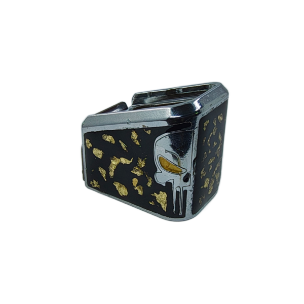 PLUS 5 GLOCK PUNISHE CROMO RESINA NEGRA ORO Extención +5 aluminio con Imagen 3d y decorado resina, para glock 17/15 RD 9mm/.40