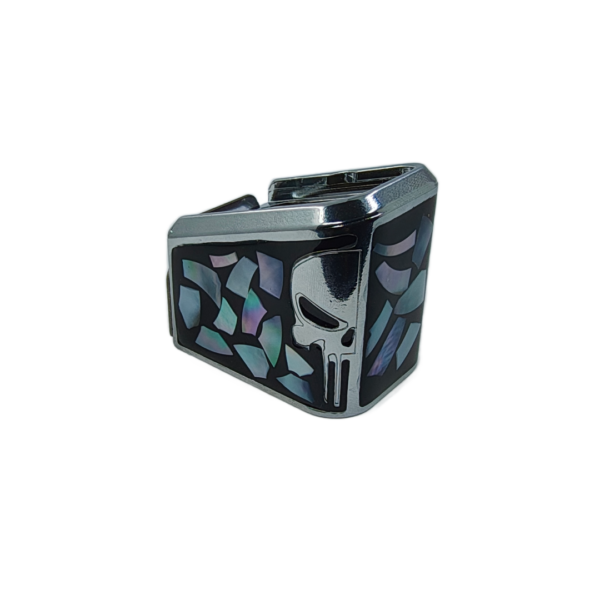 PLUS 5 GLOCK PUNISHE CROMO RESINA NEGRA Y CRISTAL Extención +5 aluminio con Imagen 3d y decorado resina, para glock 17/15 RD 9mm/.40