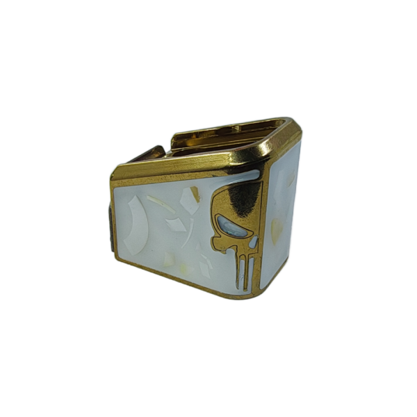 PLUS 5 GLOCK PUNISHE ORO RESINA BLANCA Y CRISTAL Extención +5 aluminio con Imagen 3d y decorado resina, para glock 17/15 RD 9mm/.40