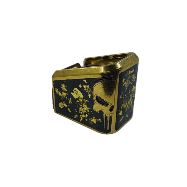 PLUS 5 GLOCK PUNISHE ORO RESINA NEGRA Y ORO Extención +5 aluminio con Imagen 3d y decorado resina, para glock 17/15 RD 9mm/.40