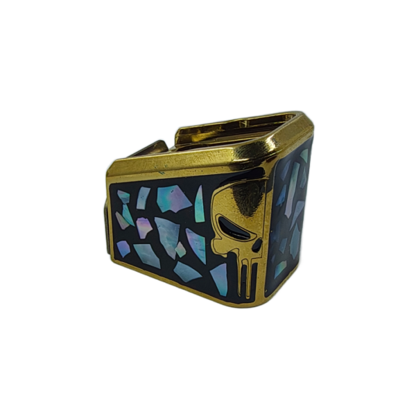 PLUS 5 GLOCK PUNISHER ORO RESINA NEGRA Y CRISTAL Extención +5 aluminio con Imagen 3d y decorado resina, para glock 17/15 RD 9mm/.40