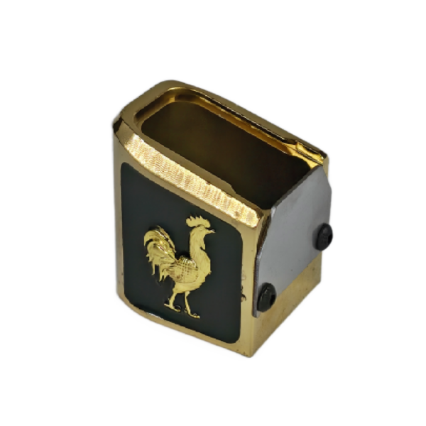5 UNIVERSAL GALLO ORO RESINA NEGRA ATRAS Extención +5 aluminio universal para tolvas de metal doble fila, diseño Gallo 3D, decorado resina negra