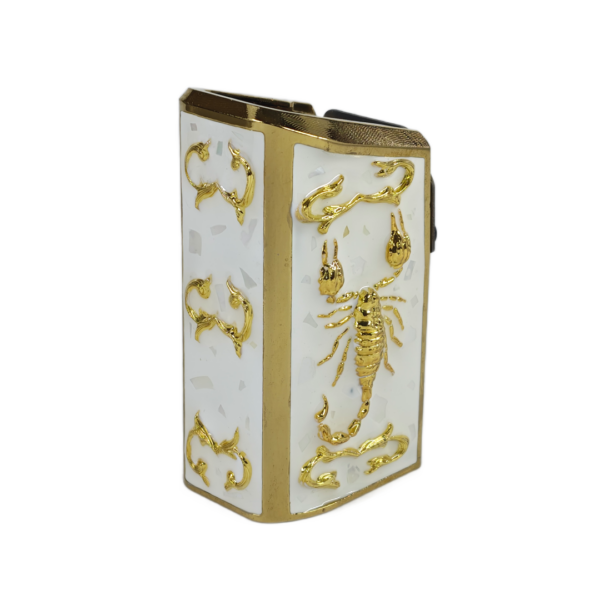 PLUS 10 UNIVERSAL ESCORPION 3D ORO RESINA BLANCA Y CRISTAL (2) Extención +10 aluminio universal para tolvas de metal doble fila, diseño escorpion 3D, decorado con ramas 3D, resinas, cristales y chispas brillantes.