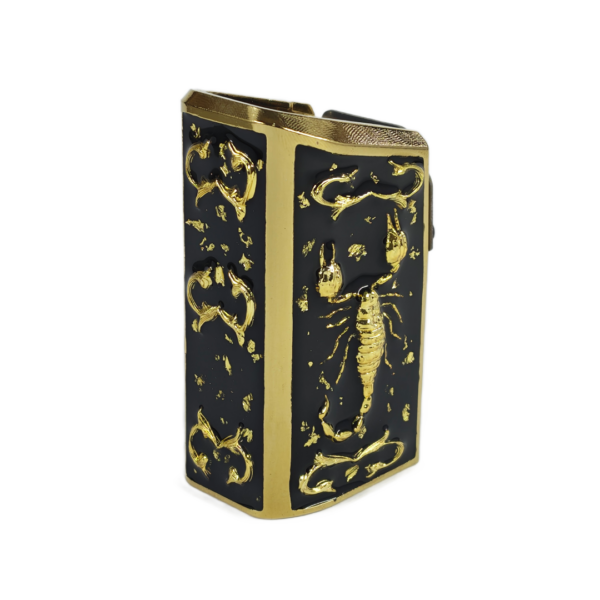 PLUS 10 UNIVERSAL ESCORPION 3D ORO RESINA NEGRA CHISPAS ORO Extención +10 aluminio universal para tolvas de metal doble fila, diseño escorpion 3D, decorado con ramas 3D, resinas, cristales y chispas brillantes.