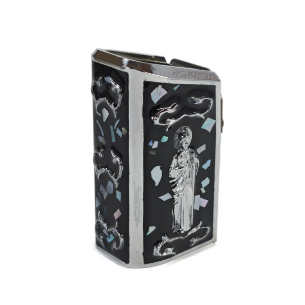 PLUS 10 UNIVERSAL TADEO CROMO RESINA NEGRA CRISTAL Extención +10 aluminio universal para tolvas de metal doble fila, diseño san judas tadeo 3D, decorado con ramas 3D, resinas, cristales y chispas brillantes