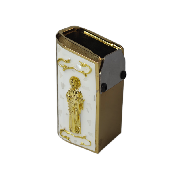 PLUS 10 UNIVERSAL TADEO ORO RESINA BLANCA CRISTAL Extención +10 aluminio universal para tolvas de metal doble fila, diseño san judas tadeo 3D, decorado con ramas 3D, resinas, cristales y chispas brillantes