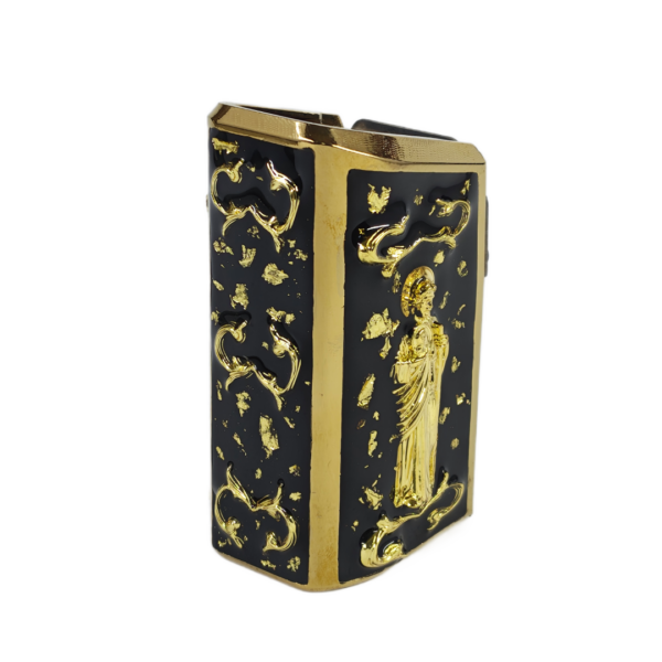 PLUS 10 UNIVERSAL TADEO ORO RESINA NEGRA CHISPAS ORO 2 Extención +10 aluminio universal para tolvas de metal doble fila, diseño san judas tadeo 3D, decorado con ramas 3D, resinas, cristales y chispas brillantes