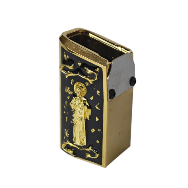 PLUS 10 UNIVERSAL TADEO ORO RESINA NEGRA CHISPAS ORO Extención +10 aluminio universal para tolvas de metal doble fila, diseño san judas tadeo 3D, decorado con ramas 3D, resinas, cristales y chispas brillantes