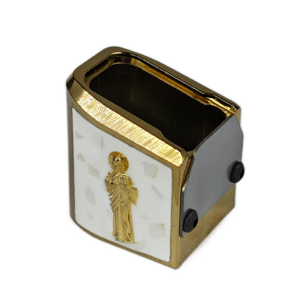 PLUS 5 UNIVERSAL TADEO ORO RESINA BLANCA Y CRISTAL 2 Extención +5 aluminio universal para tolvas de metal doble fila, diseño san judas tadeo 3D, decorado con ramas 3D, resinas, cristales y chispas brillantes.