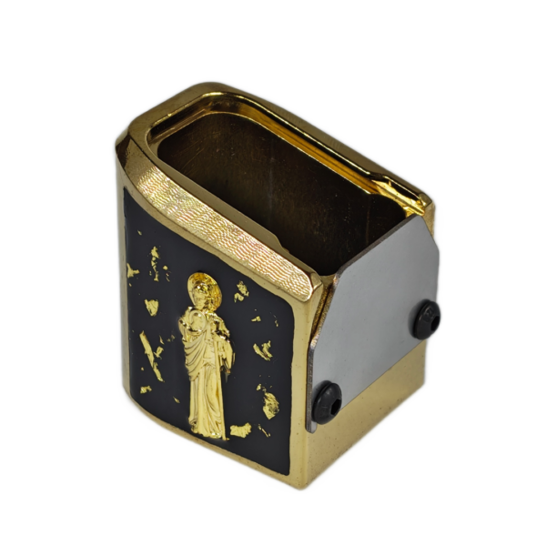 PLUS 5 UNIVERSAL TADEO ORO RESINA NEGRA CHISPAS ORO 2 Extención +5 aluminio universal para tolvas de metal doble fila, diseño san judas tadeo 3D, decorado con ramas 3D, resinas, cristales y chispas brillantes.