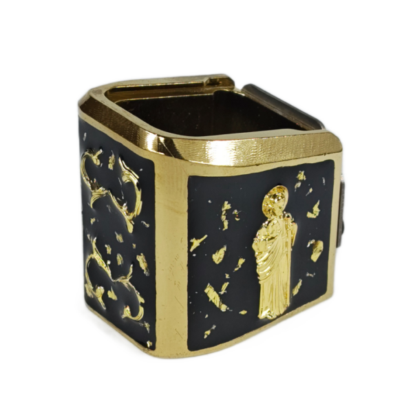 PLUS 5 UNIVERSAL TADEO ORO RESINA NEGRA CHISPAS ORO Extención +5 aluminio universal para tolvas de metal doble fila, diseño san judas tadeo 3D, decorado con ramas 3D, resinas, cristales y chispas brillantes.